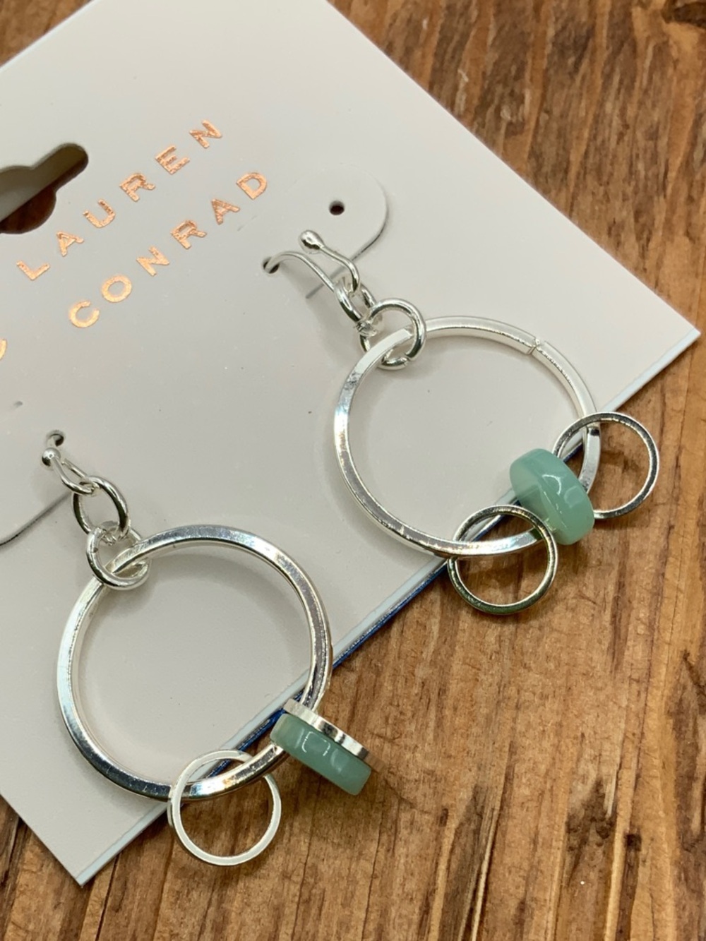 LC Lauren Conrad Silver Tone Mint Green Bead Accents Circles Dangling Earrings